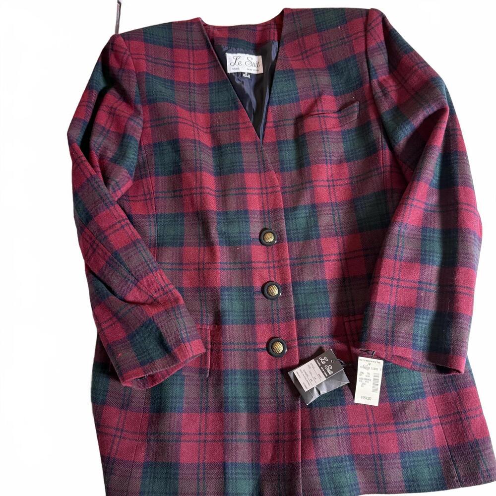 NWT Y2K Le Suit Wool Blend Red/GreenTartan Blazer SZ 14 Christmas Holiday Trend